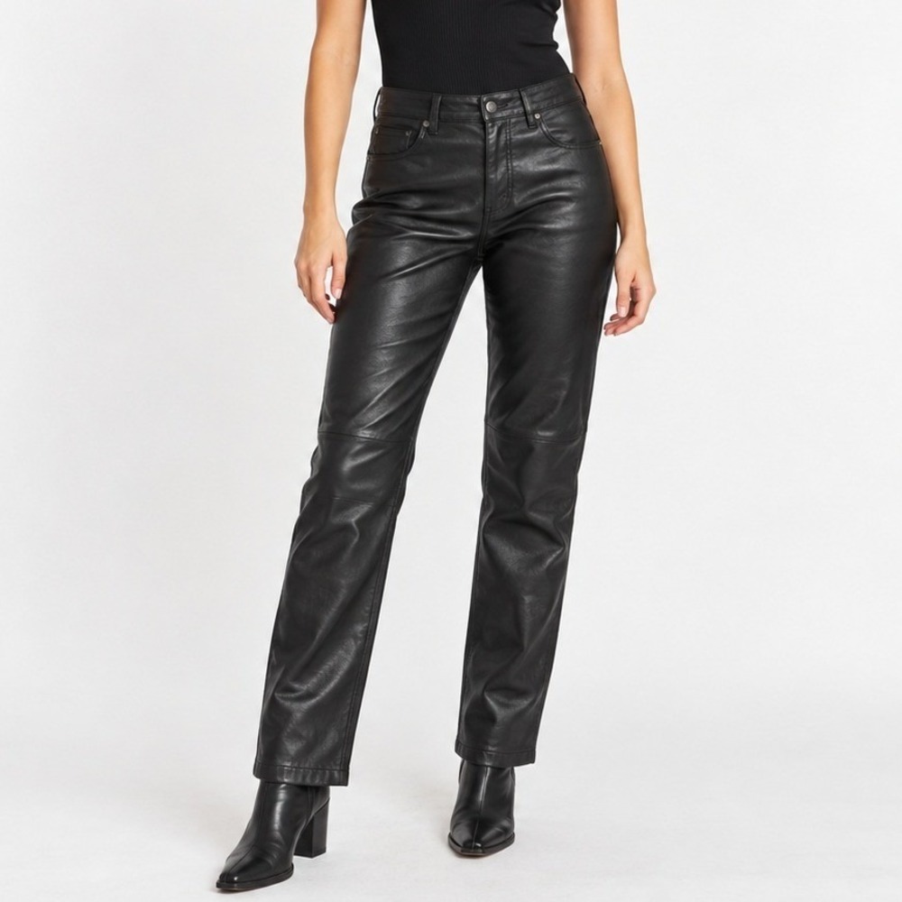 Express Leather Pants Women 6 Black Straight Leg Vtg 90s Mid Rise Lined